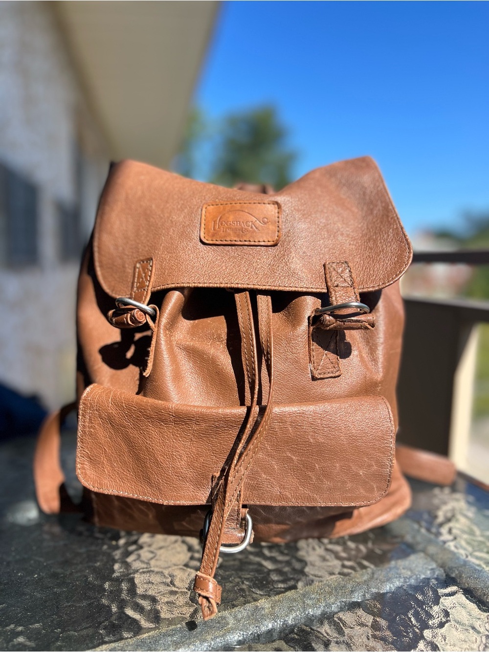 Hogsback Leather Co Brown Leather Drawstring Backpack Buckled Flap Unisex design